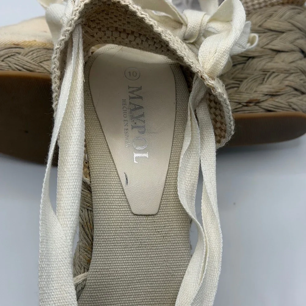 Castañer Canvas Lace Up Espadrille Wedge Sandals Cream Beige Ribbon Tie